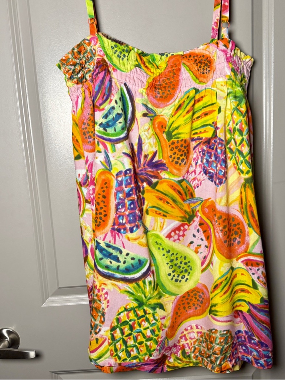 True Destinations Tropical Fruit Print Mini Dress M Rayon Smocked Sundress - Picture 2 of 6